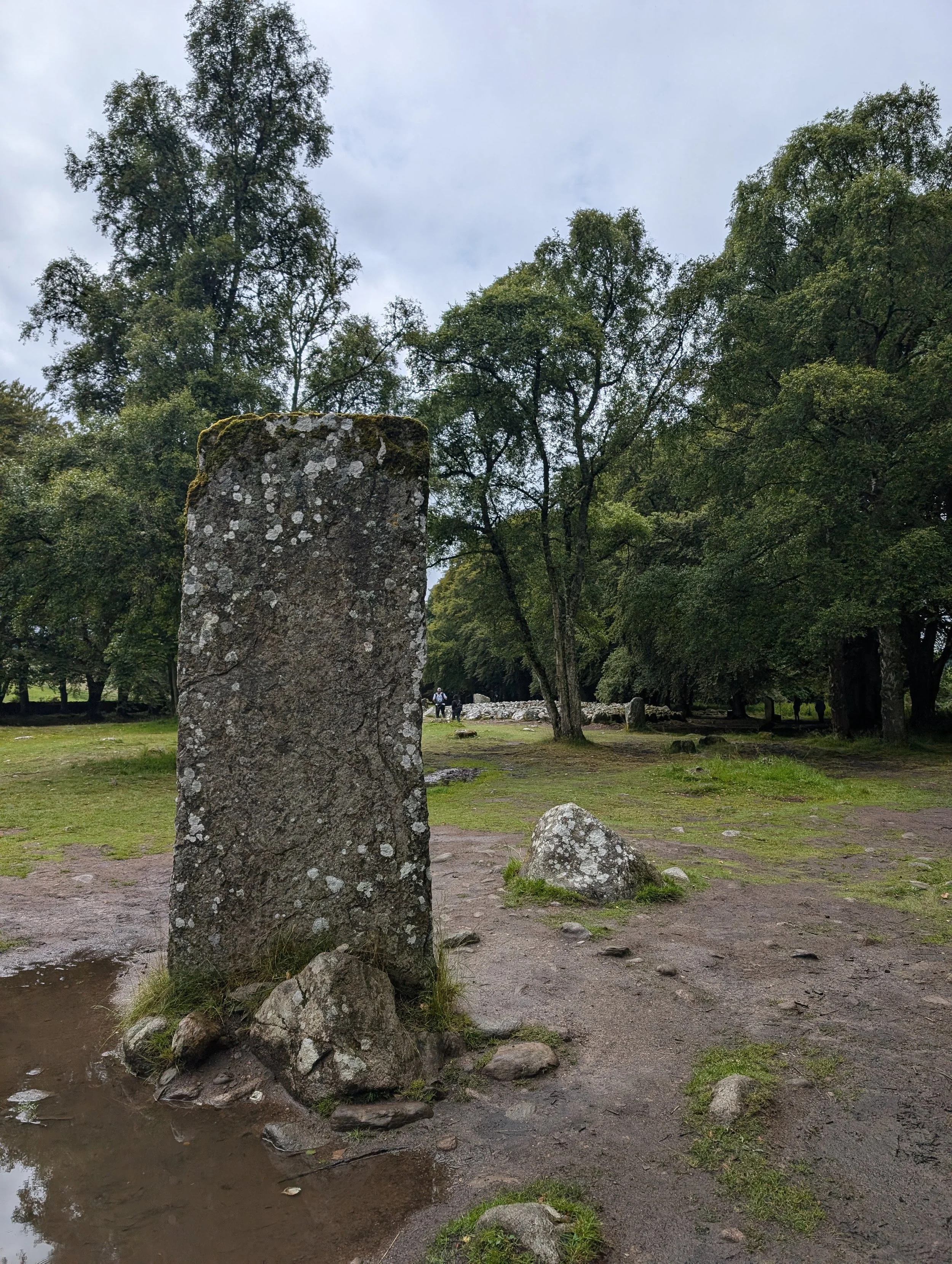 Stone cairn on muddy ground with trees in the background