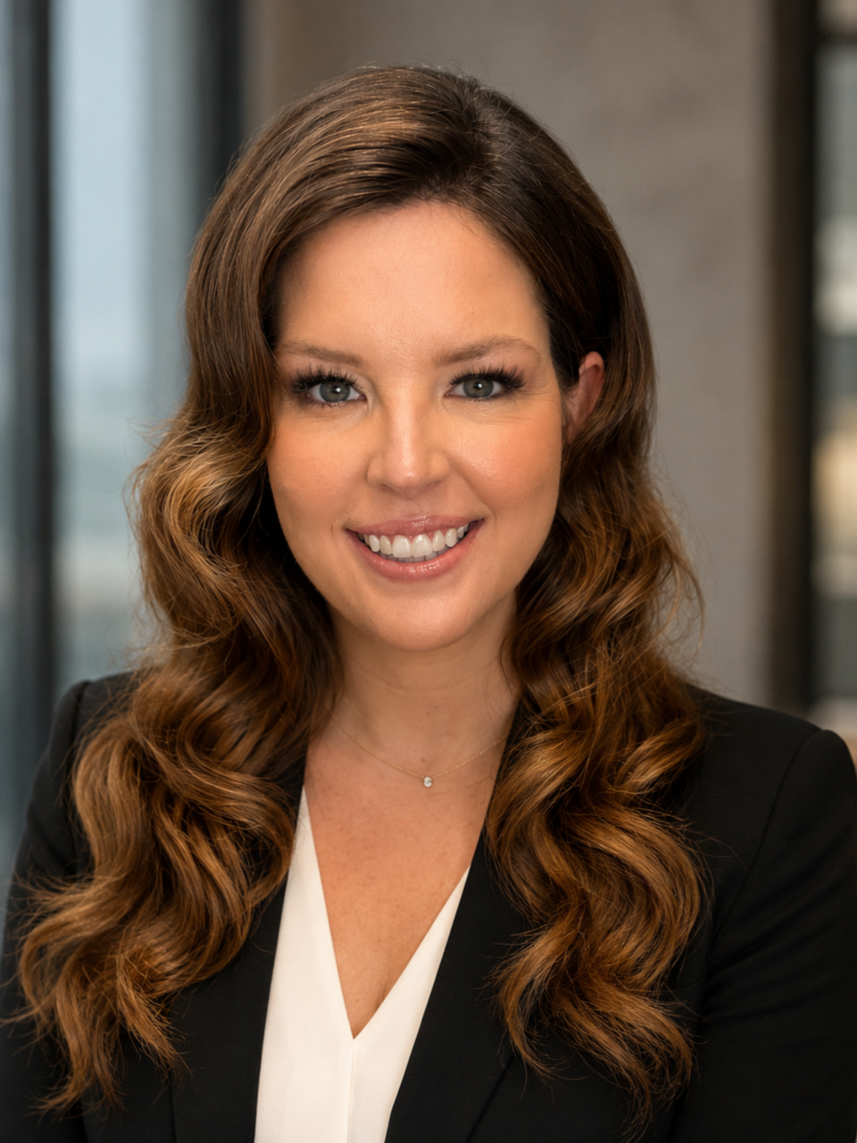 Professional woman with wavy brown hair and blue eyes smiling in an indoor setting.