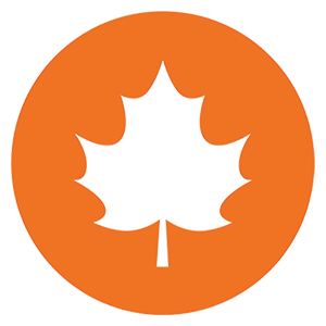 A white maple leaf silhouette inside an orange circular background.