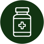 Outline of a medicine bottle with a cross symbol on it, on a green background.