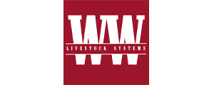 Logo for WAW Livestock Systems with white text on a maroon background