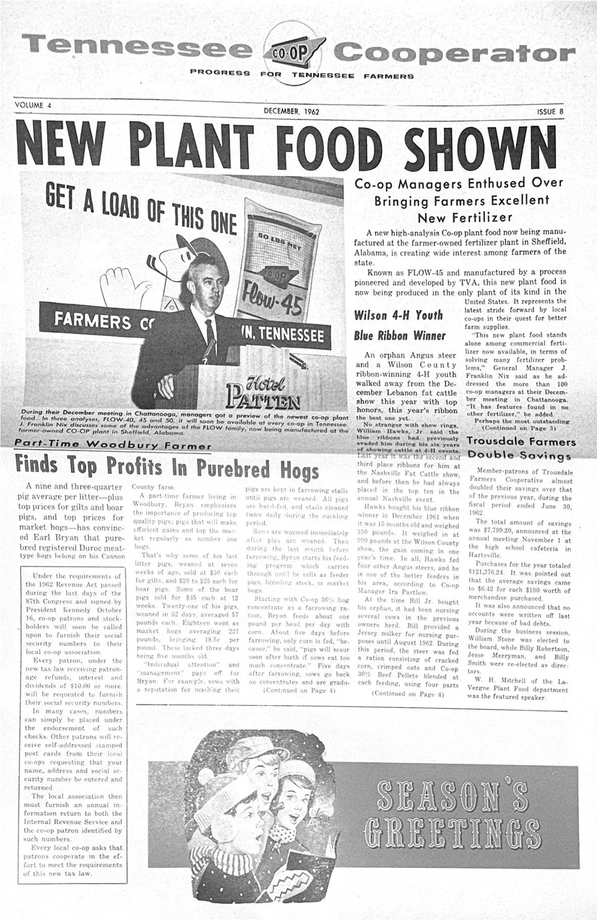 Front page of a December 1962 newspaper titled Tennessee Cooperator, featuring headlines about new plant food and profits from purebred hogs, with an illustration of people celebrating and holiday greetings.
