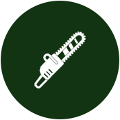 White chainsaw icon on a dark green circular background