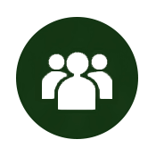 Icon of three people standing together on a dark green background.