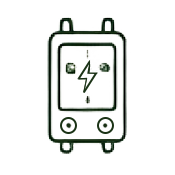 Line drawing of a portable electric device with a lightning bolt symbol on the front