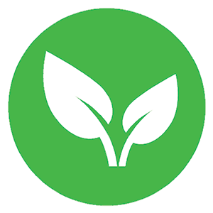 White leaves icon on a green circular background.