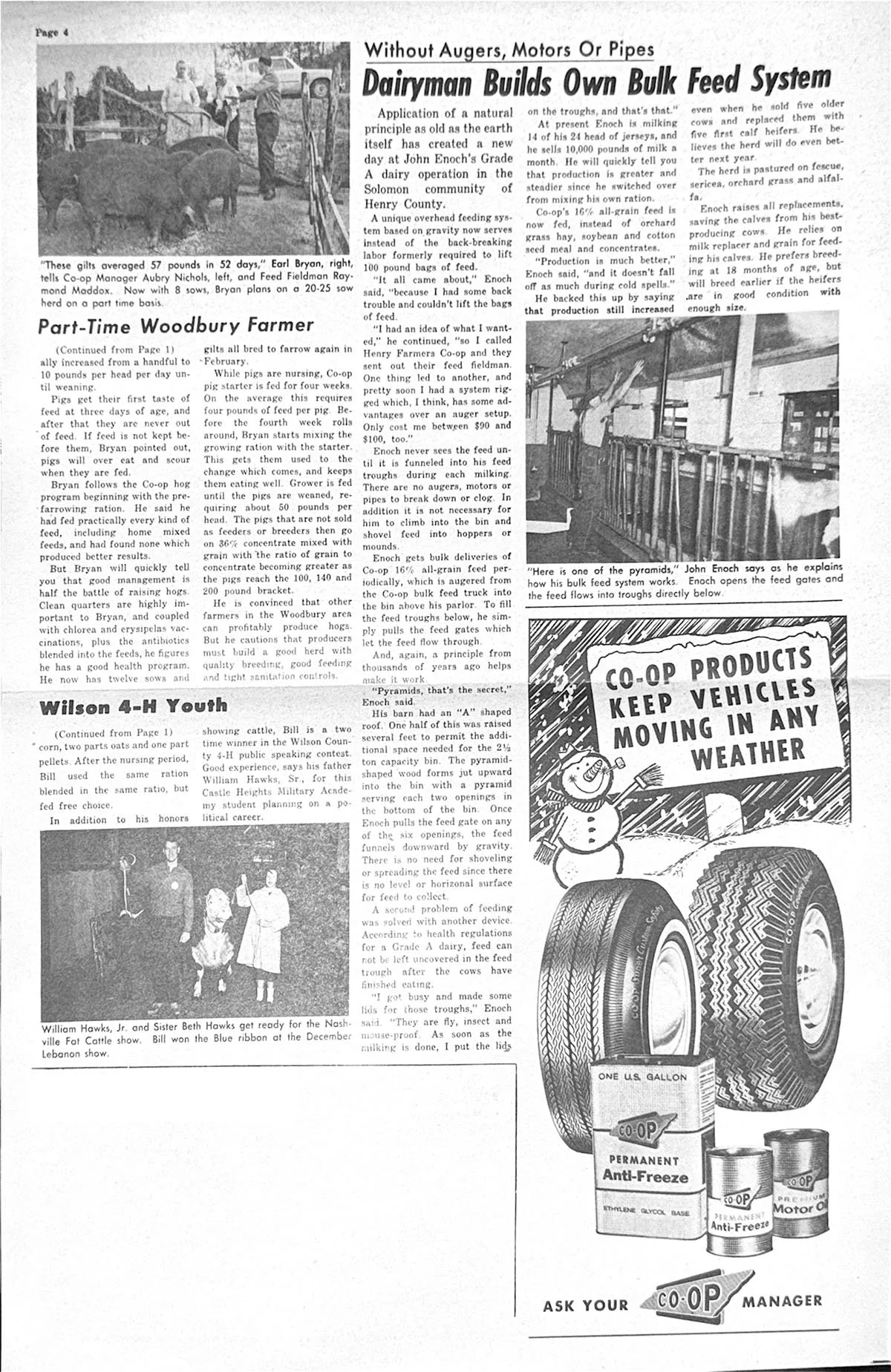 A black and white newspaper page with multiple articles and images. The top left shows people working with pigs on a farm. The middle right features a person explaining a feed system to a visitor. The bottom left shows william Hawks Jr. and Beth Hawks at a cattle show. The bottom right depicts various containers of anti-freeze, motor oil, and tires, with a caption encouraging asking the store manager about products.