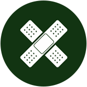 Four adhesive bandages arranged in an X shape on a dark green circular background.