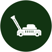 White lawn mower icon on a dark green circular background