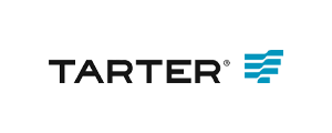 Logo of TARTER with black and blue design elements.