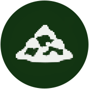 Green background with a white icon of a mountain with a water body in front.