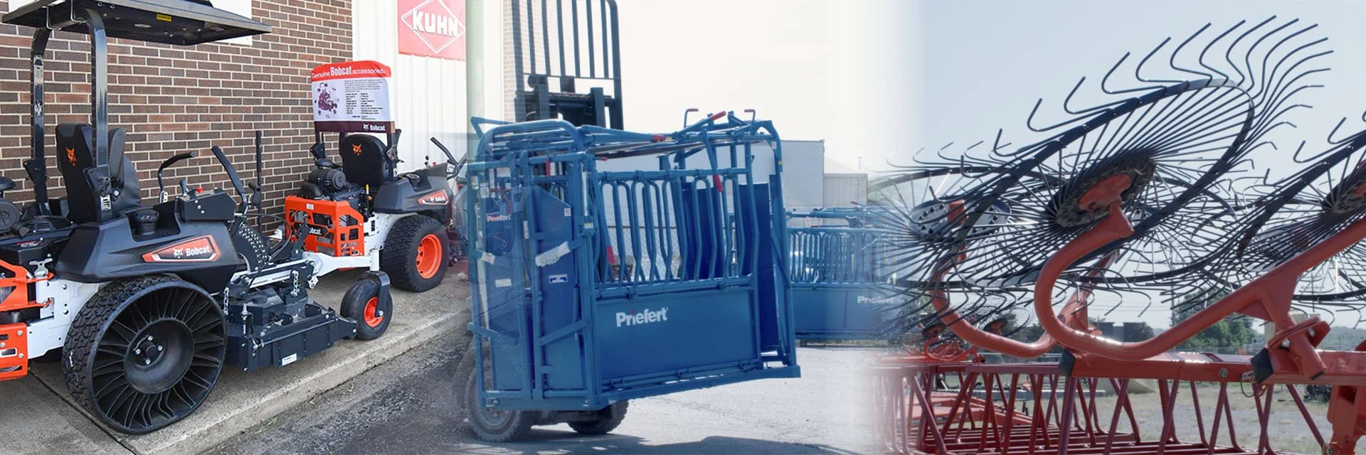 Outdoor display of landscaping equipment including compact utility tractors, rental lifts, and rake attachments at a hardware store.