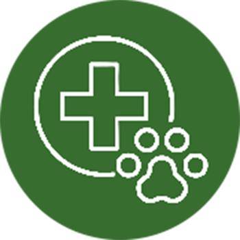Green circular logo with a white cross, paw print, and dog bone inside.