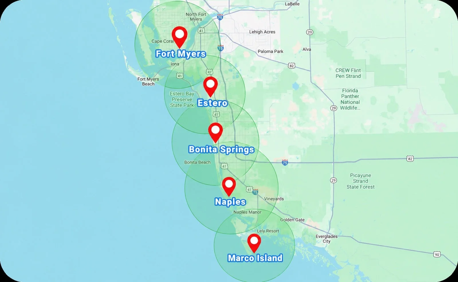 Map showing the locations of five places along the coast of Florida: Fort Myers, Estero, Bonita Springs, Naples, and Marco Island, each marked with a red pin and surrounded by green circles indicating their areas.