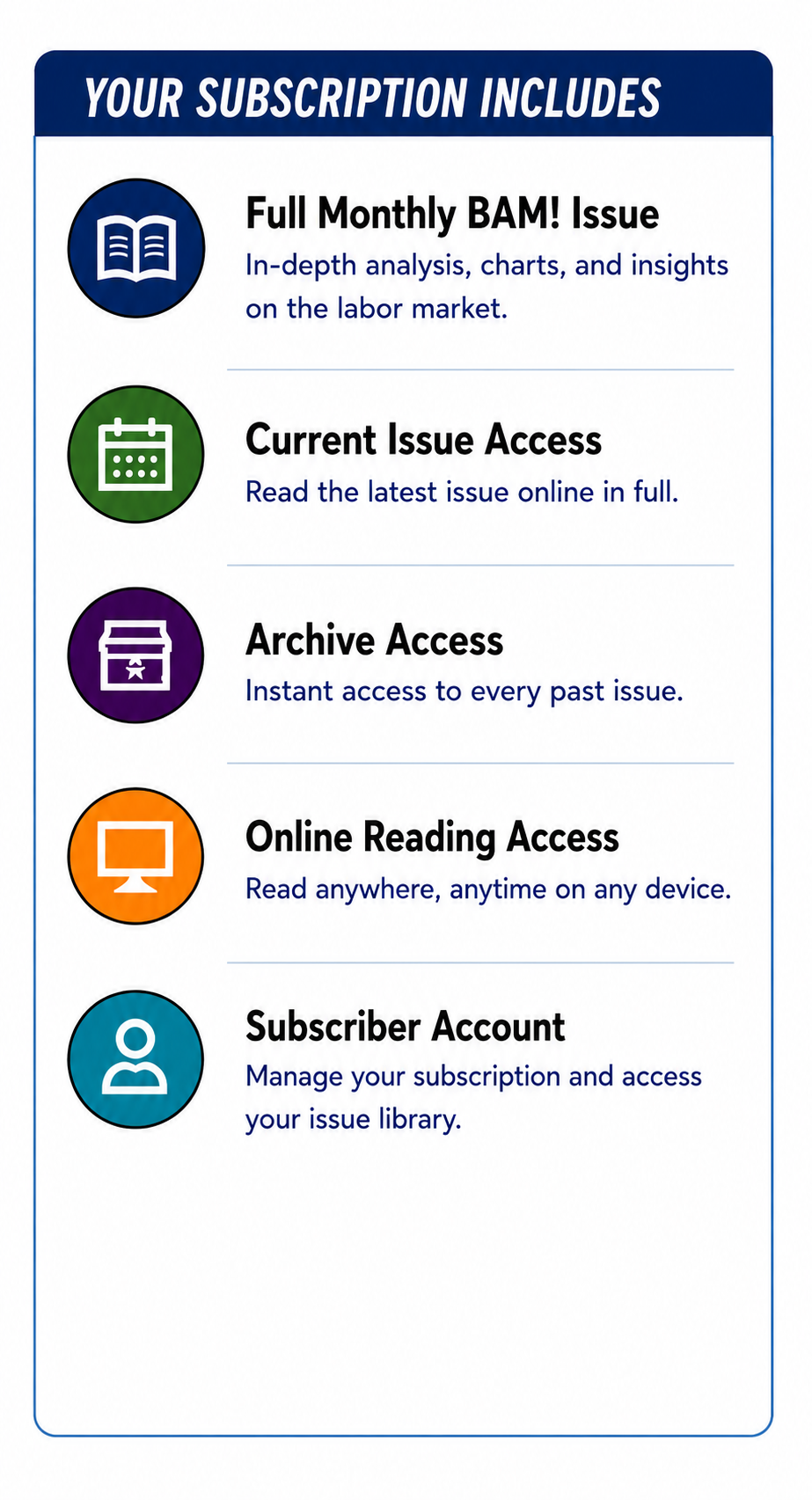 A subscription options list with five items: a blue icon of an open book for full monthly issue access, a green calendar icon for current issue access, a purple box icon for archive access, an orange monitor icon for online reading access, and a blue circle with 'Bo' for subscriber account management.