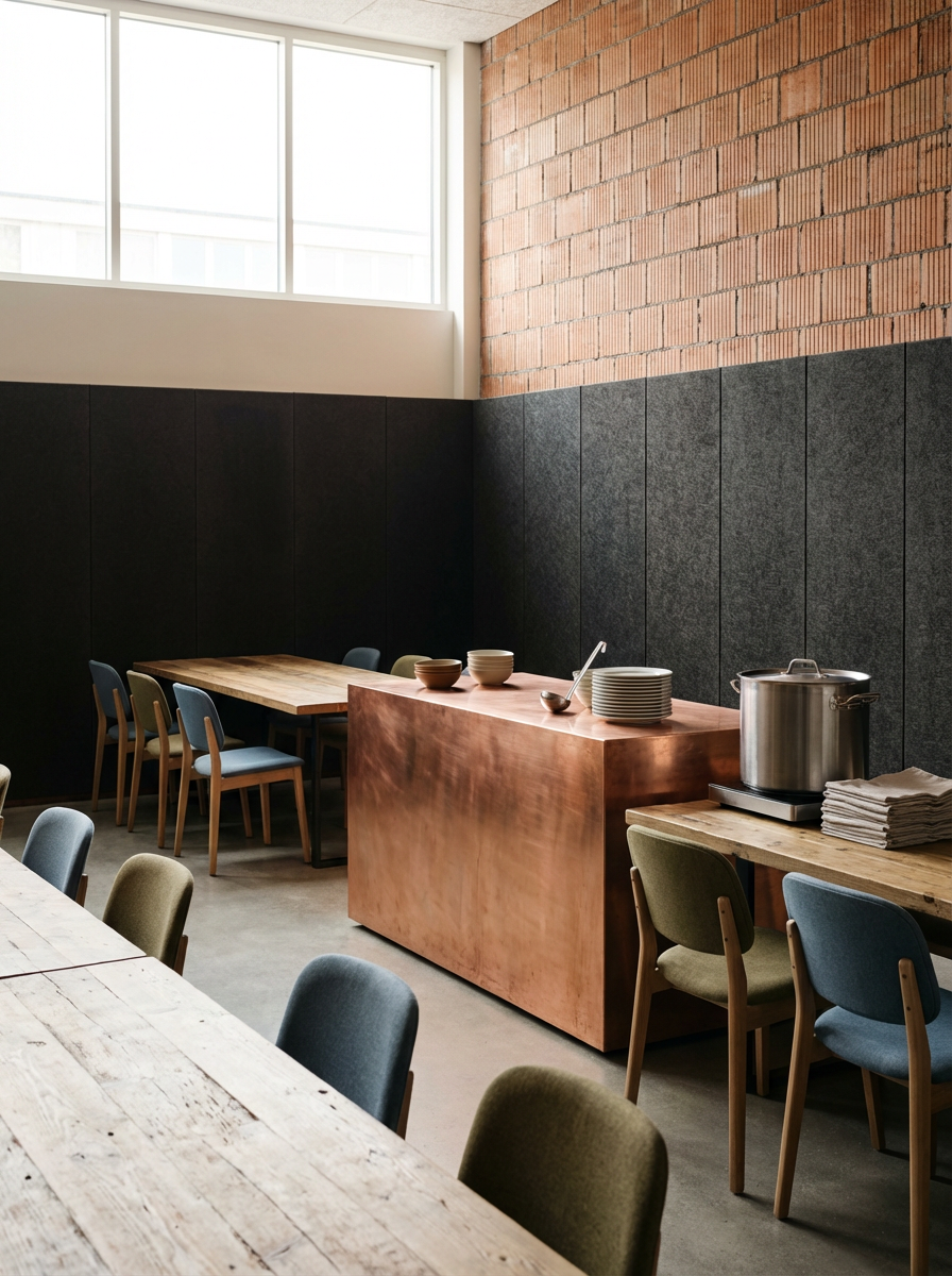 A modern dining area with a wooden table, colorful chairs, a copper-colored island, bowls, plates, and a large pot on a second table, against industrial-style brick and black wall.