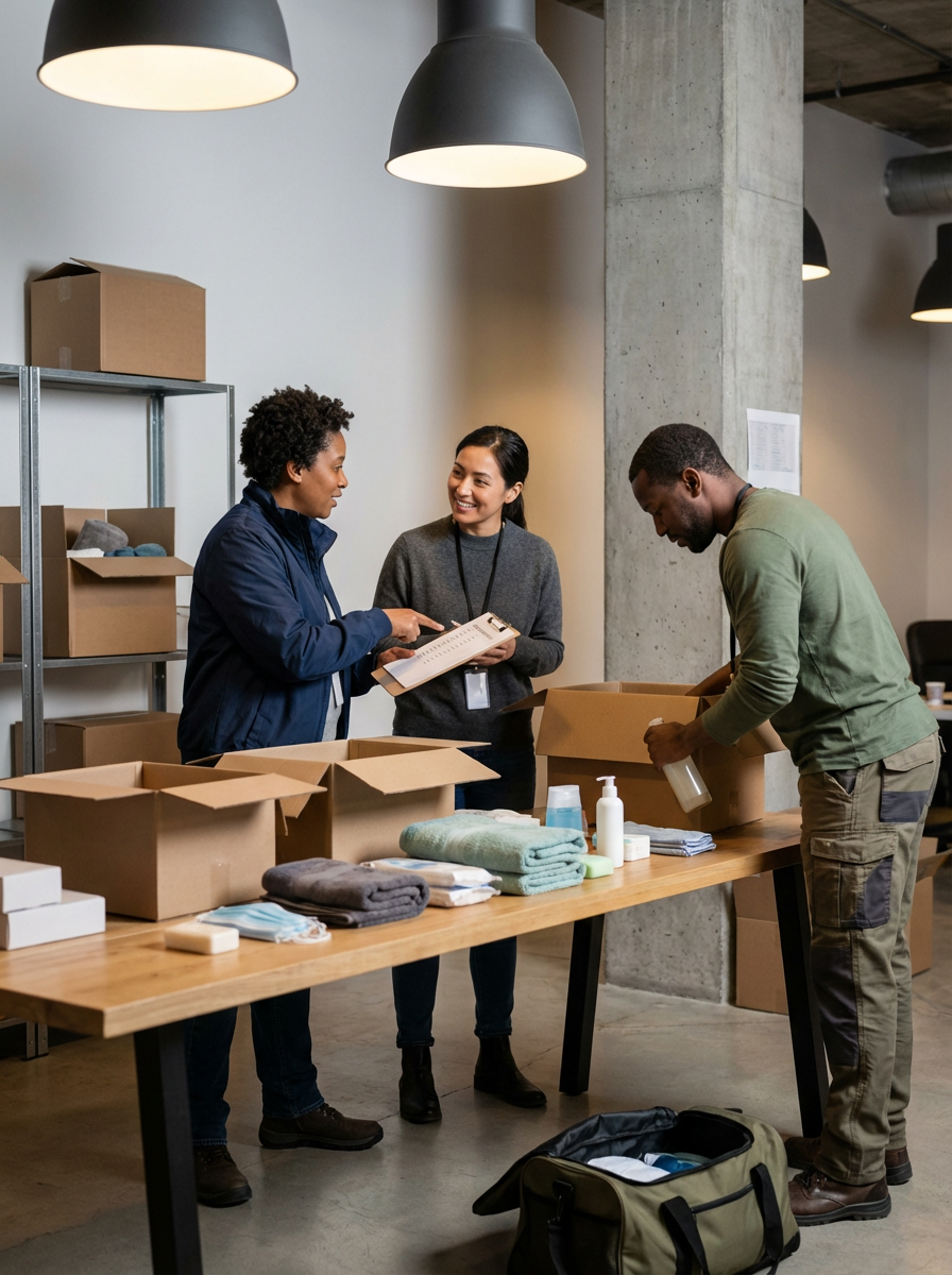 Three people working together in a warehouse or supply room, packing boxes with supplies like towels, bottles, and boxes on a table.