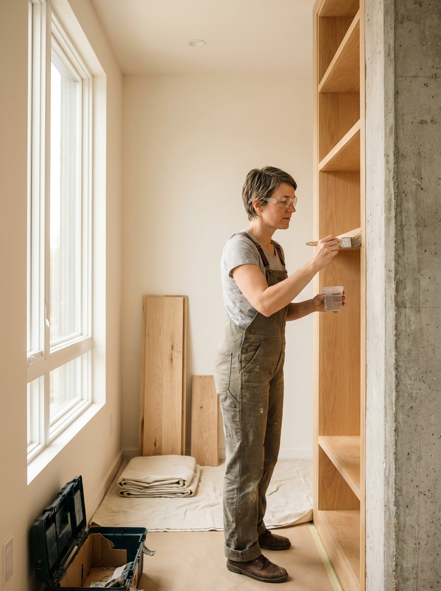 A woman painting a wooden bookshelf in a room with large windows and natural light.