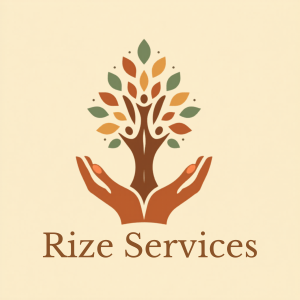 Logo of a tree held by two hands with the text 'Rize Services' beneath.