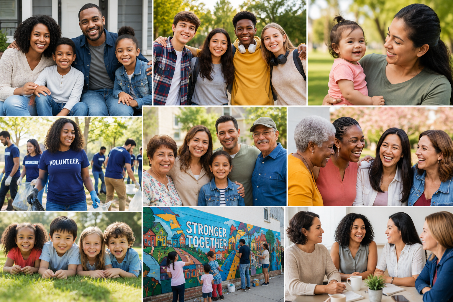 Collage of diverse people participating in community activities and enjoying social interactions outdoors and indoors, including families, volunteers, children, and adults