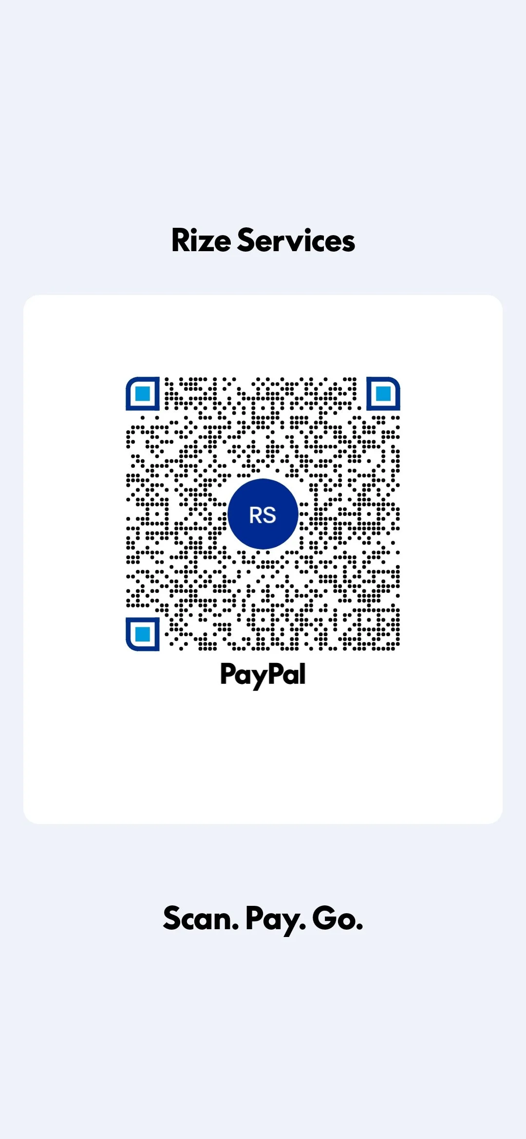 Mobile payment QR code with 'RS' in the center, labeled 'PayPal' and 'Scan. Pay. Go.' at the bottom.