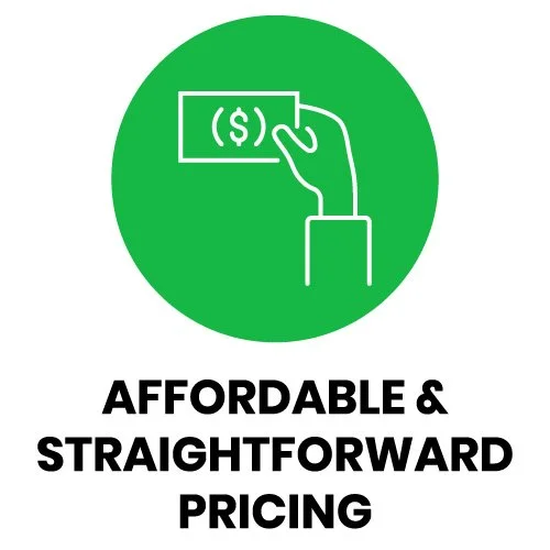 Icon of a hand holding a dollar bill inside a green circle, with the text "Affordable & Straightforward Pricing" below.