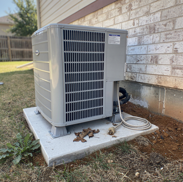 outdoor heat pump condenser unit beside brick house