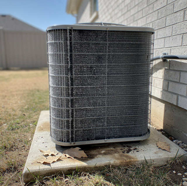 An air conditioning unit with metal mesh covering sits on a concrete pad beside a brick wall and wooden fence.