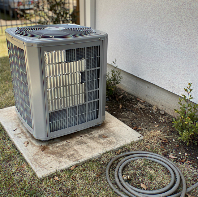An air conditioning unit sits on a concrete pad next to a building with a gray hose on the ground.