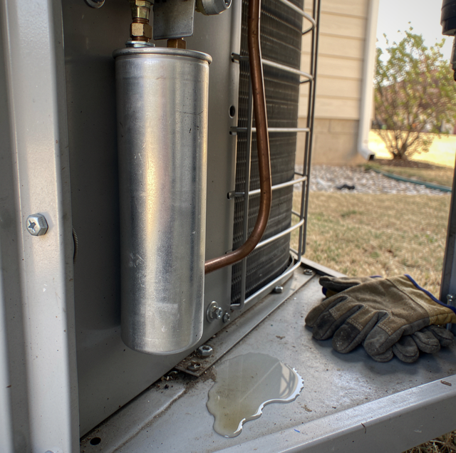 Metal cylinder with copper tubing and work gloves on a concrete surface near HVAC equipment.