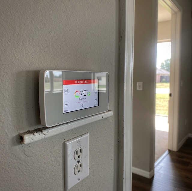 Heat pump thermostat showing emergency heat setting