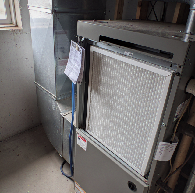 dirty pleated HVAC filter held beside air conditioner unit