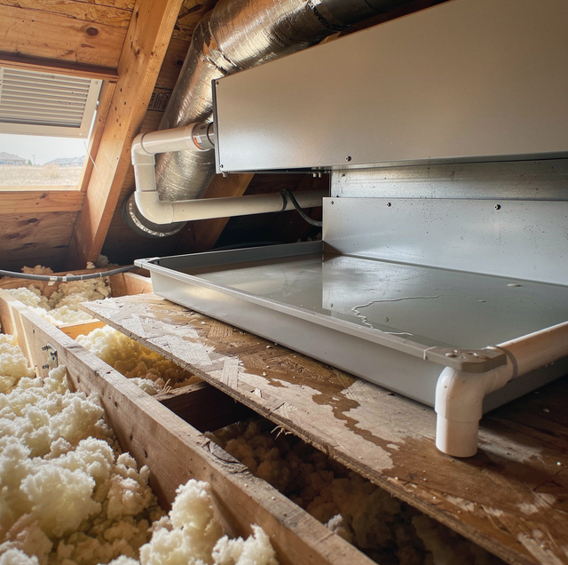 water pooled on attic floor beneath indoor air handler