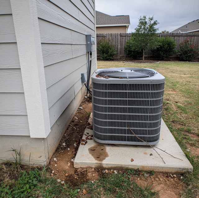 HVAC unit sitting on concrete pad next to white garage door with wooden fence and grass in background.