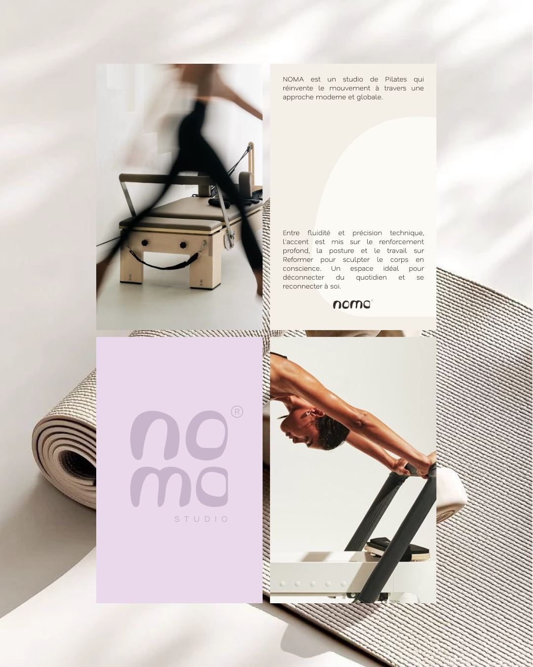 Moodboard de l'identité visuelle de NOMA Pilates. Il présente une sélection d'images douces et fluides évoquant le mouvement, la palette de couleurs lavande et crème, le logo organique 'noma' et les valeurs de reconnexion à soi.