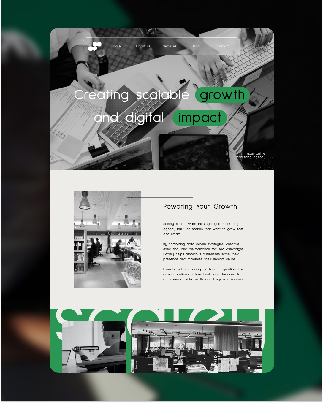 Page Web d'une agence de marketing numérique, avec images de travail d'équipe, de bureaux modernes, et texte promotionnel