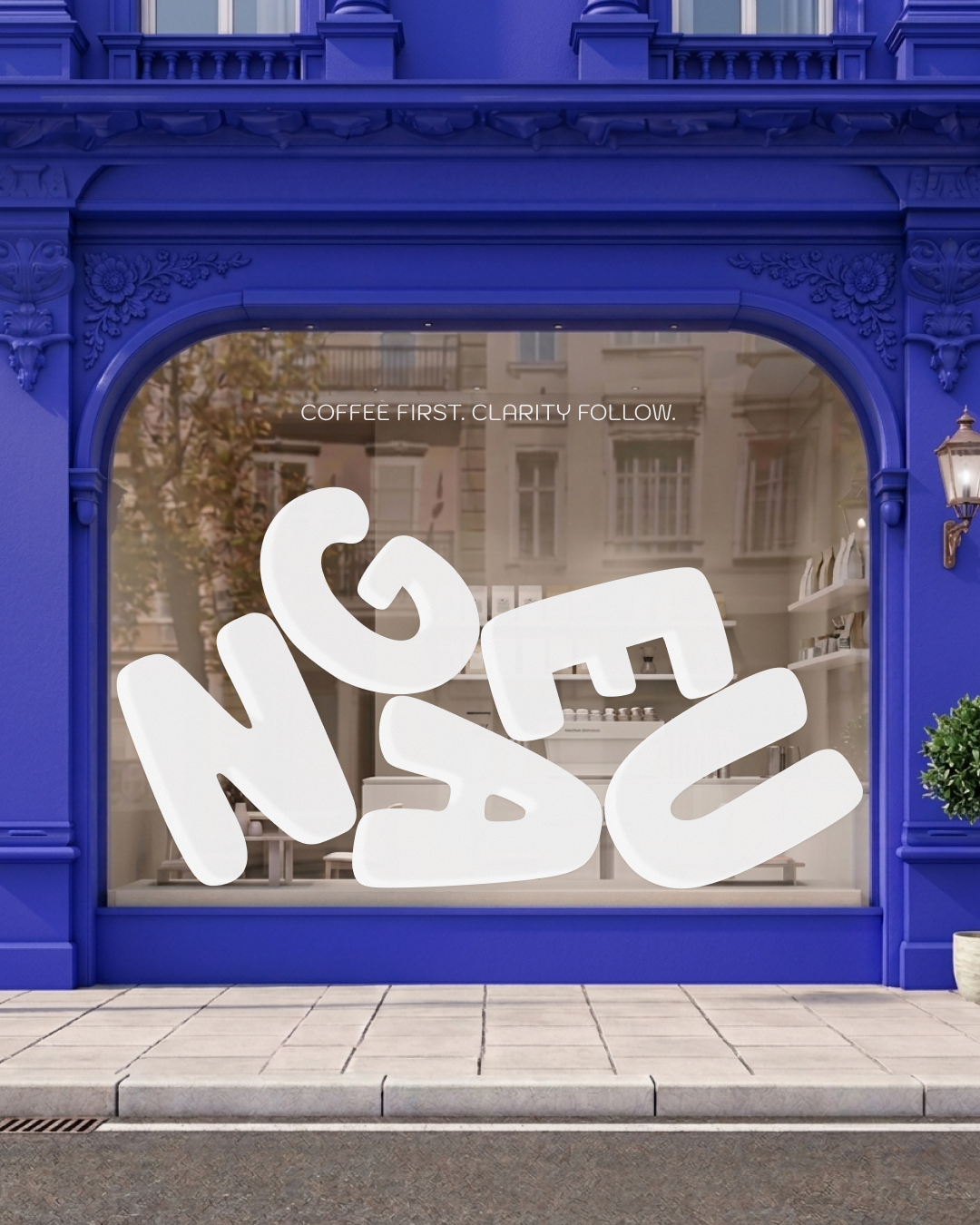 La façade extérieure signature de Nuage : un bleu cobalt vibrant qui habille une architecture classique pour inviter à une pause café lumineuse.