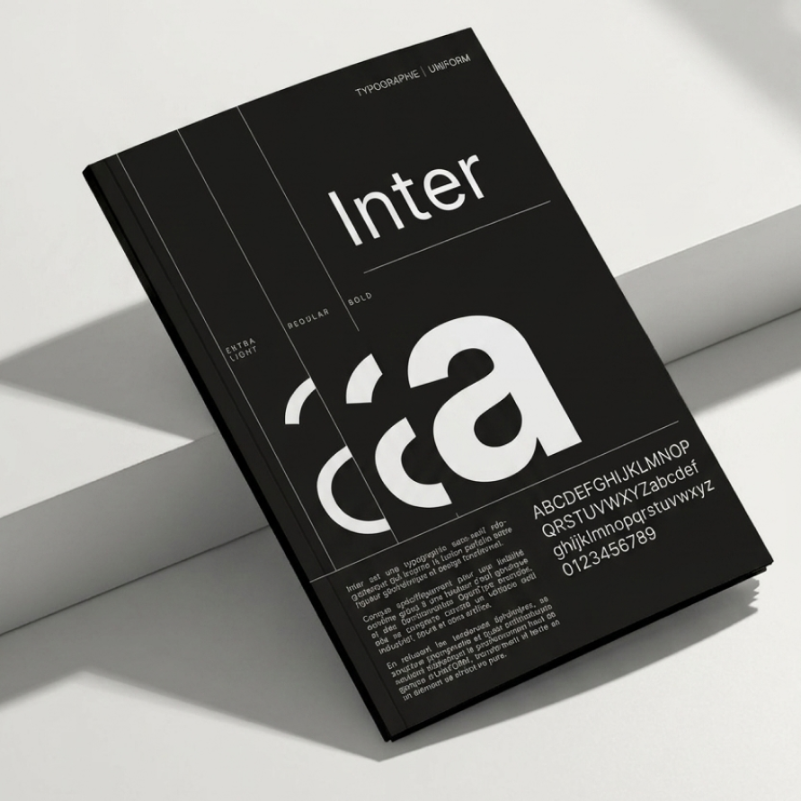 Livre noir sur la typographie avec nom 'Inter' et alphabets en majuscules et minuscules en blanc, posé sur fond blanc.