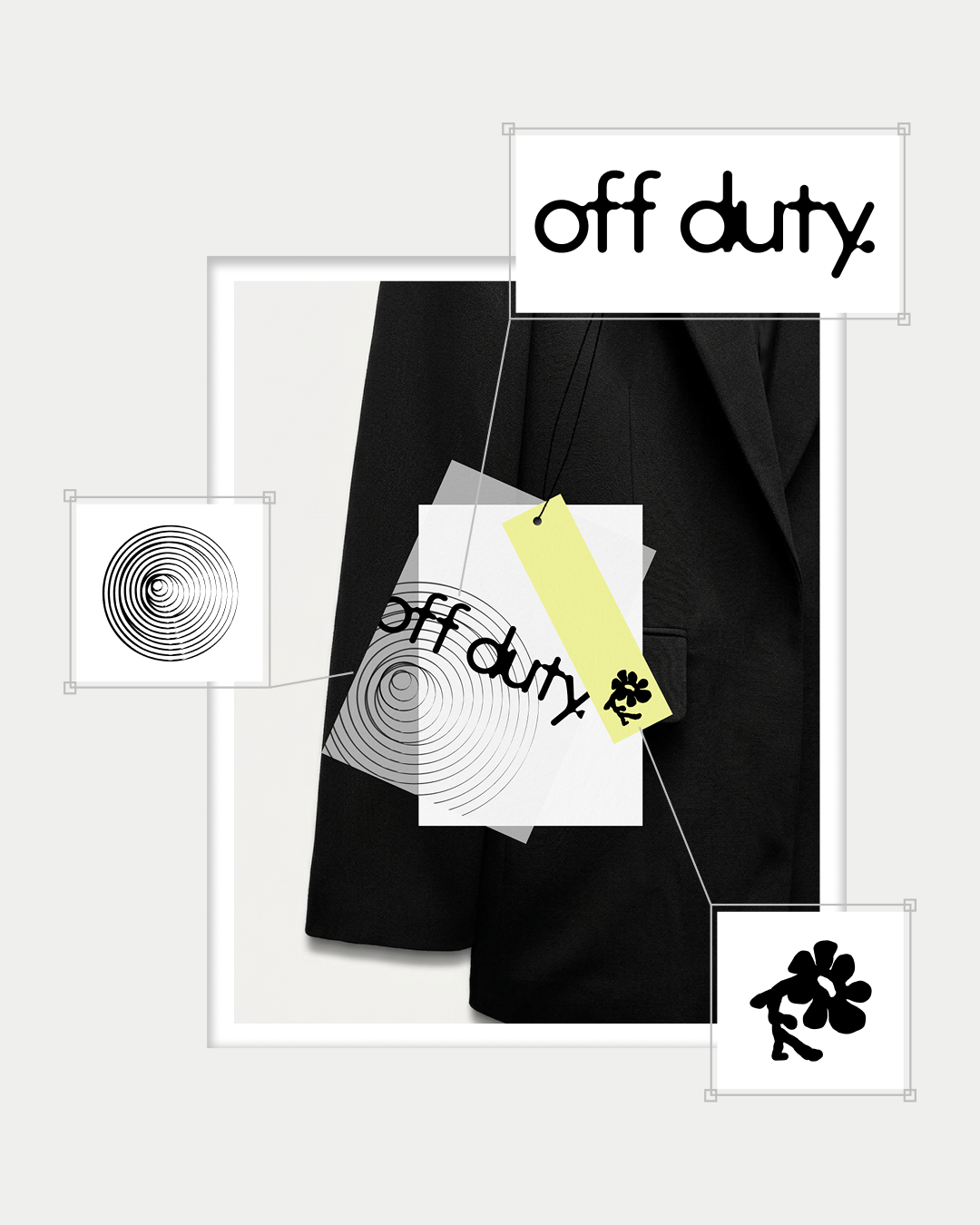 Vêtements noirs avec des étiquettes et des notes, marqué 'off duty' en texte noir.