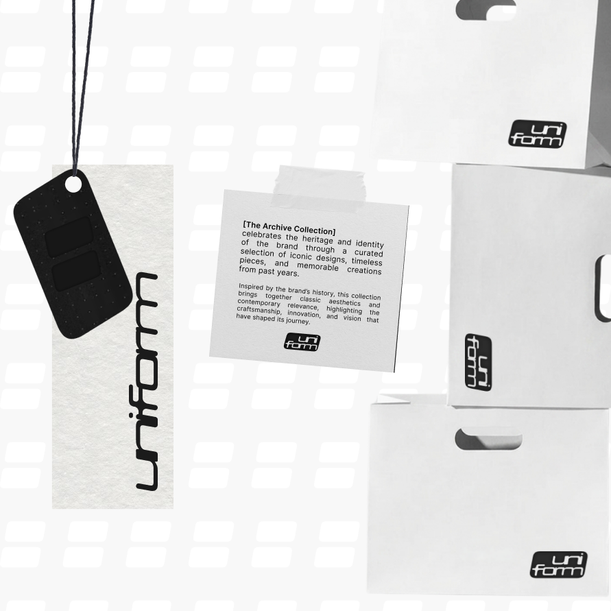 Collection d'objets de design minimaliste d'une marque appelée 'Uni Form', incluant une étiquette, une fiche descriptive, et des boîtes blanches avec le logo noir.