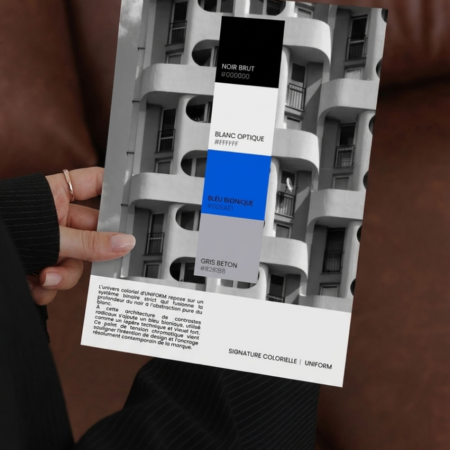 Une personne tient une planche de couleurs pour une architecture avec un bâtiment en arrière-plan. Les couleurs incluent noir, blanc, bleu bionique et gris béton.