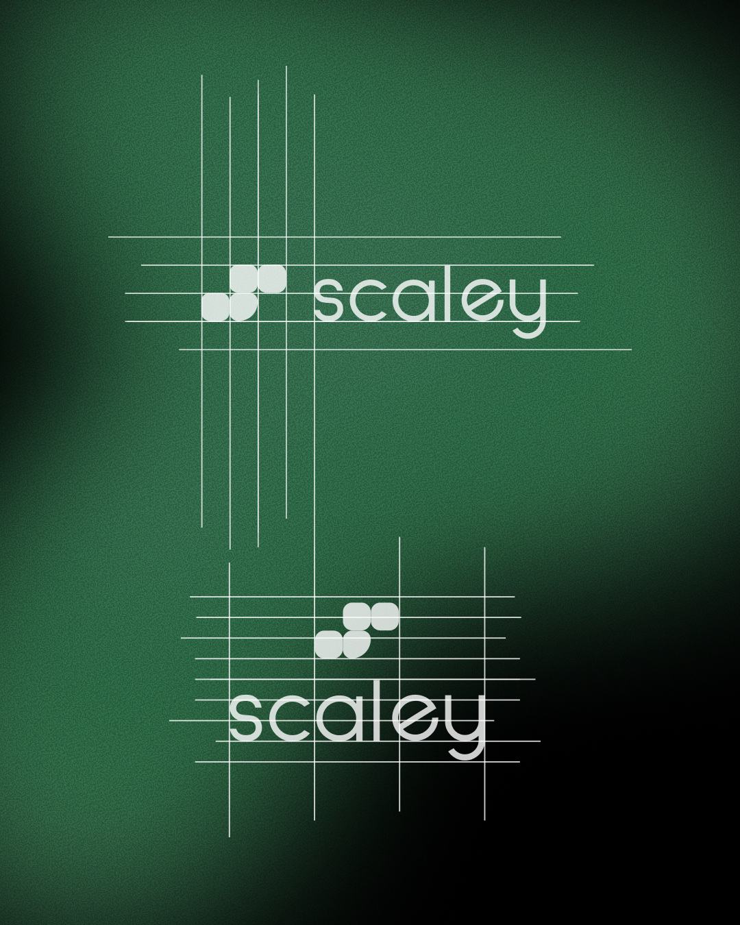 Logo de Scaley avec un fond vert foncé et une grille blanche.