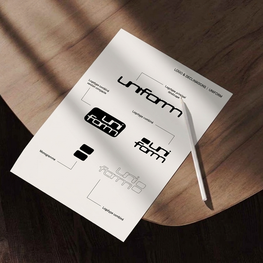 Une feuille de papier montrant différentes versions du logo 'UniForm' en noir et blanc avec des descriptions pour chaque style, placé sur une table en bois clair, avec un stylo argenté pointant vers le texte.