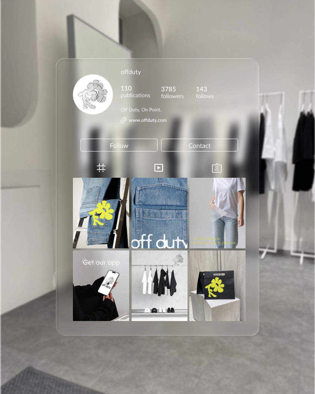 Page de profil Instagram d'une marque de vêtements appelée Off Duty, On Point avec 110 publications, 3785 abonnés, 143 abonnements, affichant des images de vêtements en denim, un homme utilisant une application mobile, dragues de vêtements et un sac 