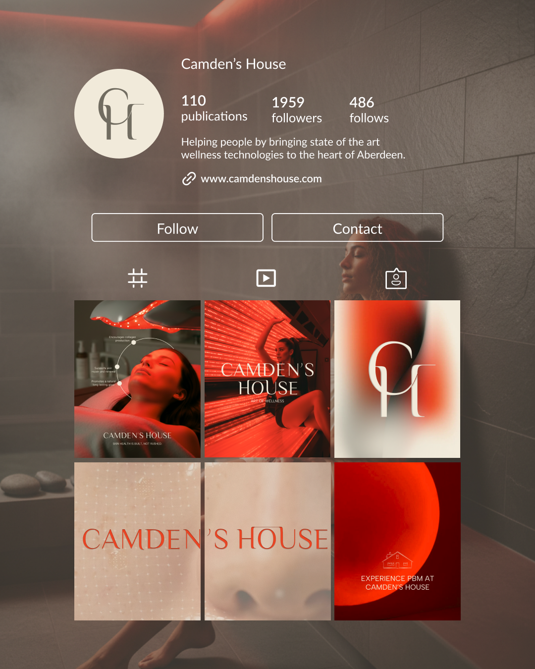 Page de profil Instagram de Camden's House, centre de bien-être avec 110 publications, 1959 abonnés et 486 abonnements, proposant des technologies de bien-être et des services de relaxation.