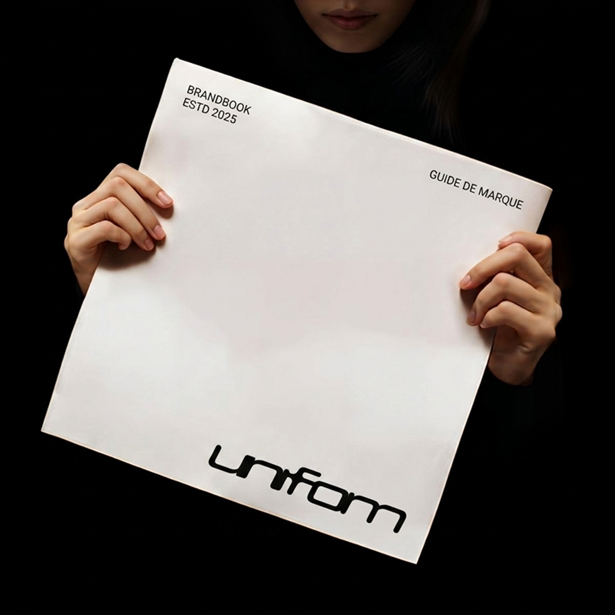 Une personne tient un guide de marque blanc avec le texte 'BRANDBOOK ESTD 2025' et 'GUIDE DE MARQUE'.