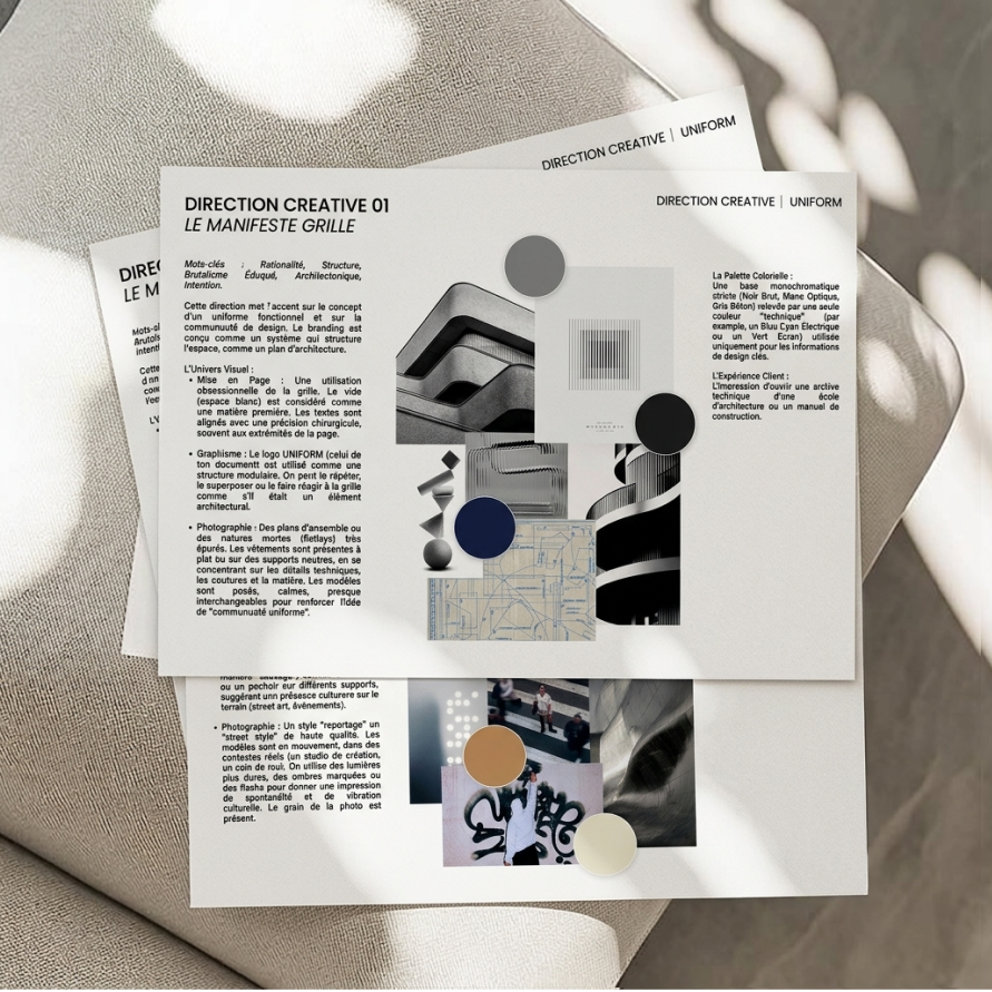 Deux feuilles de papier avec un document sur la conception architecturale, illustrant des éléments graphiques, des images, des couleurs et du texte en français, posées sur une surface en tissu.