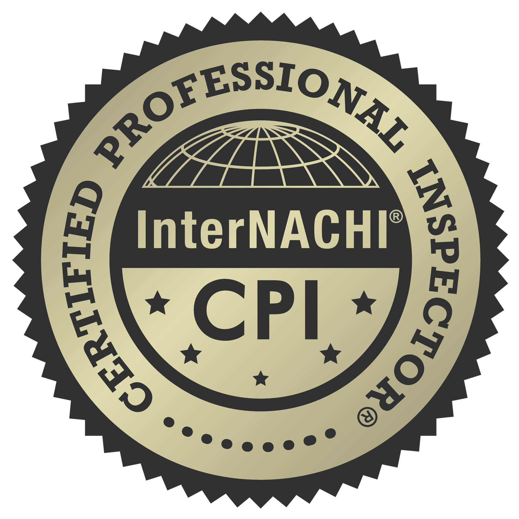 Close-up of a certification or achievement badge featuring a globe design and the text "InterNACHI" and "CPI."