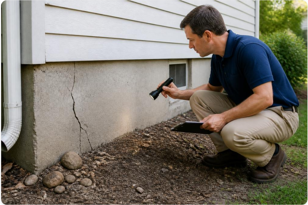 home inspector checking foundation crack