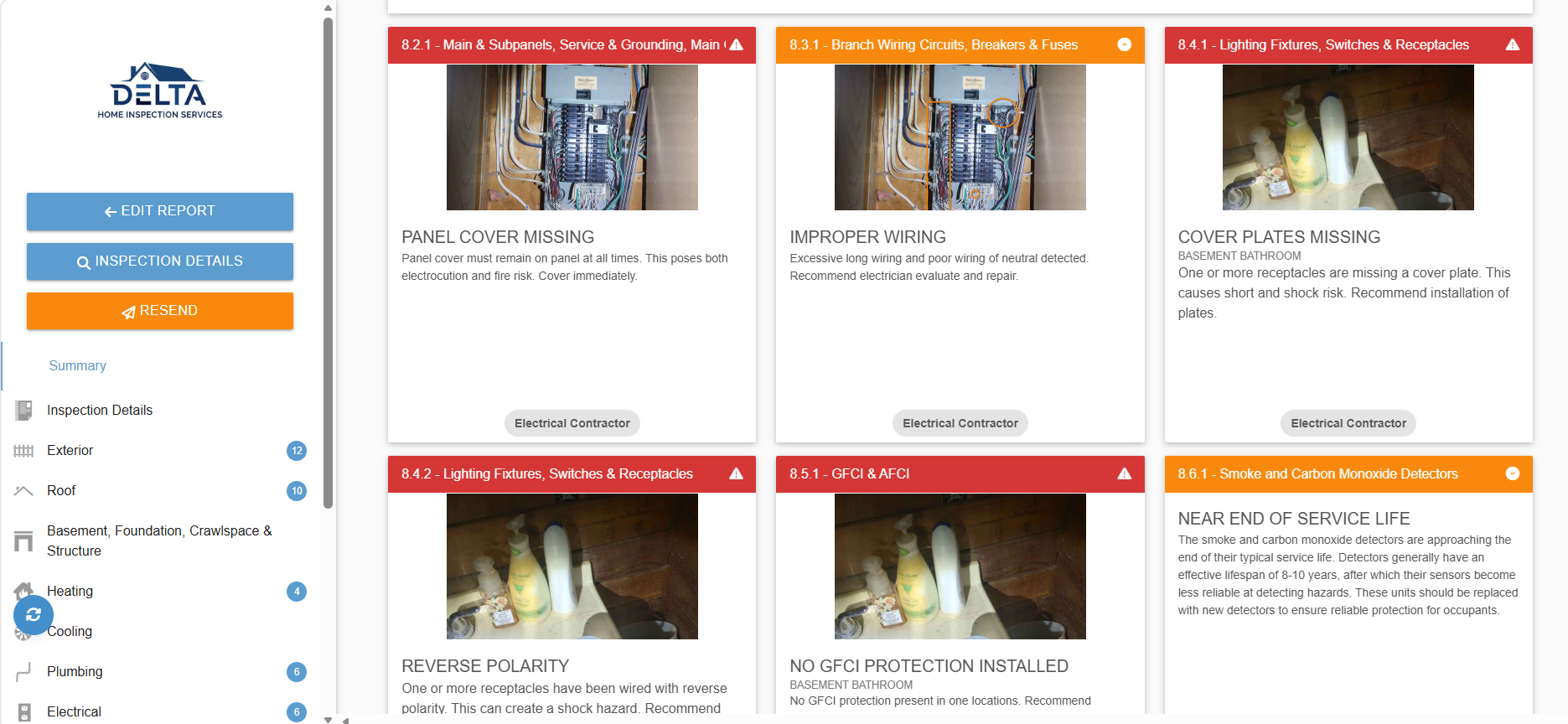Screenshot of a home inspection report showing multiple electrical inspection notes with images and colored labels.